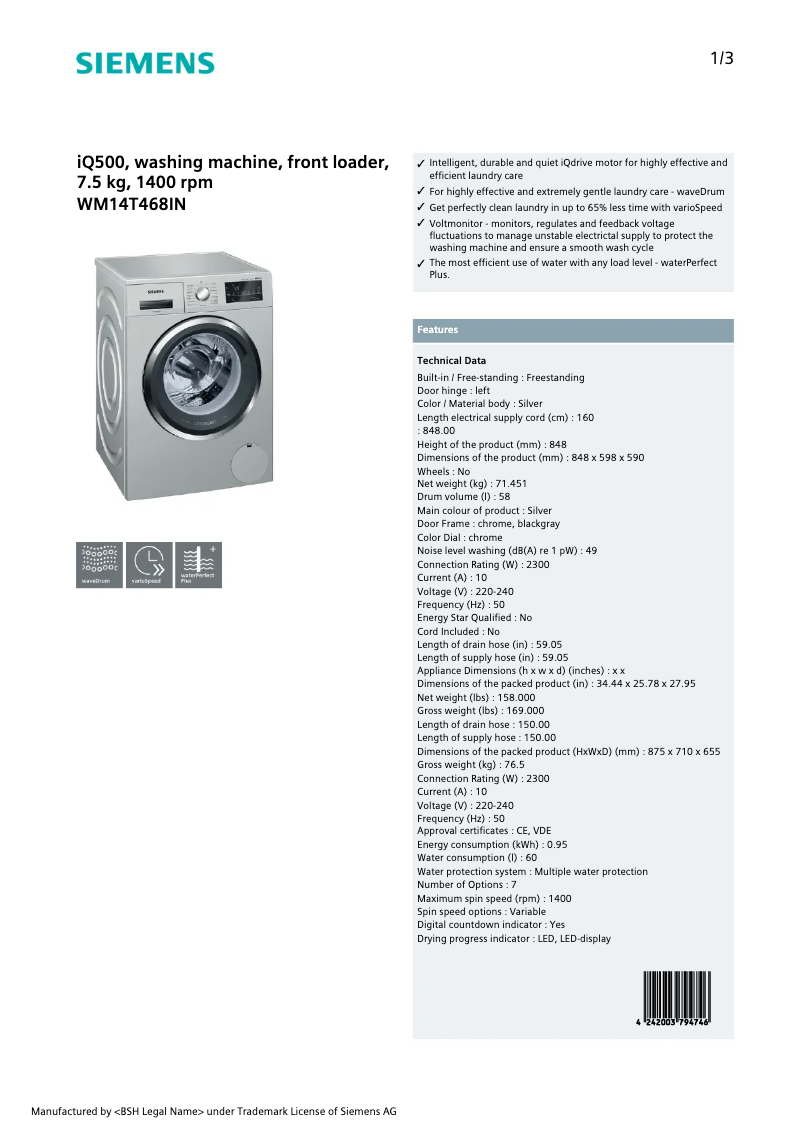 Page 1 de la notice Fiche technique Siemens WM14T468IN