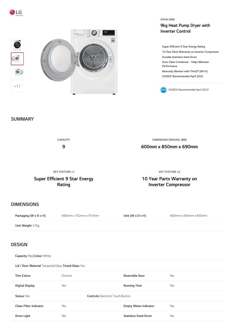 Page 1 de la notice Fiche technique LG DVH9-09W