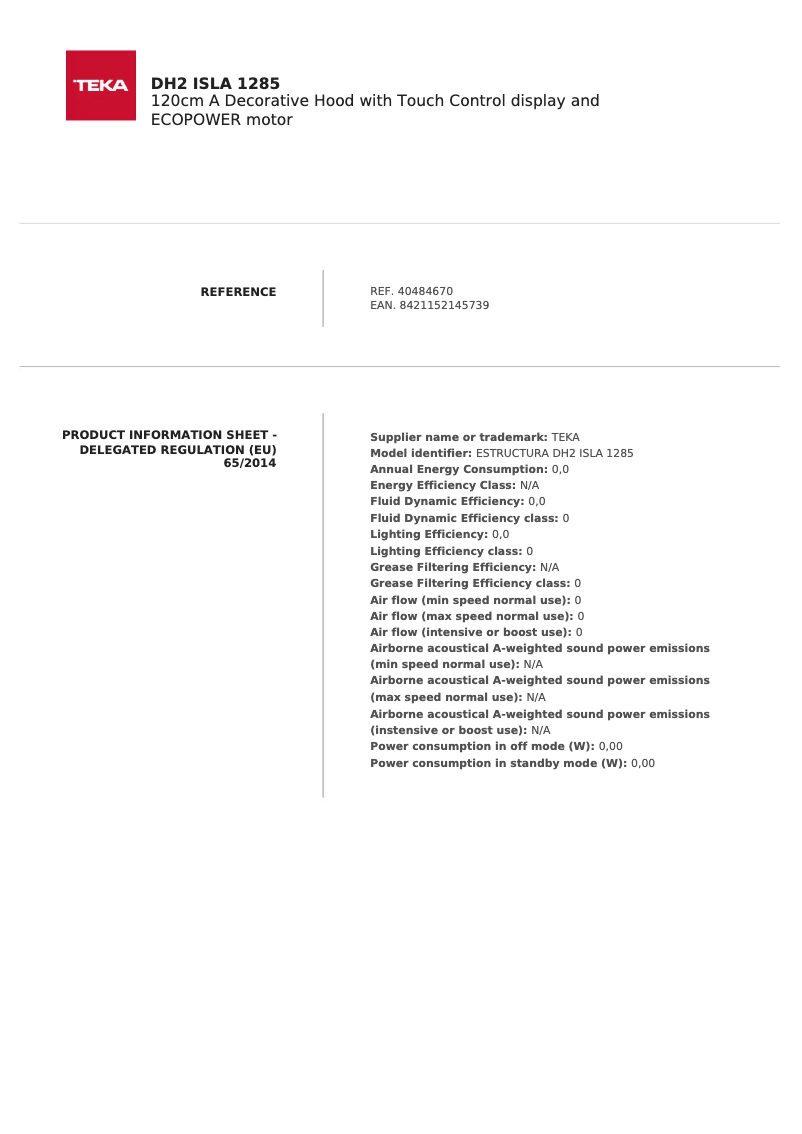 Página 1 del manual Ficha técnica Teka DH2 985