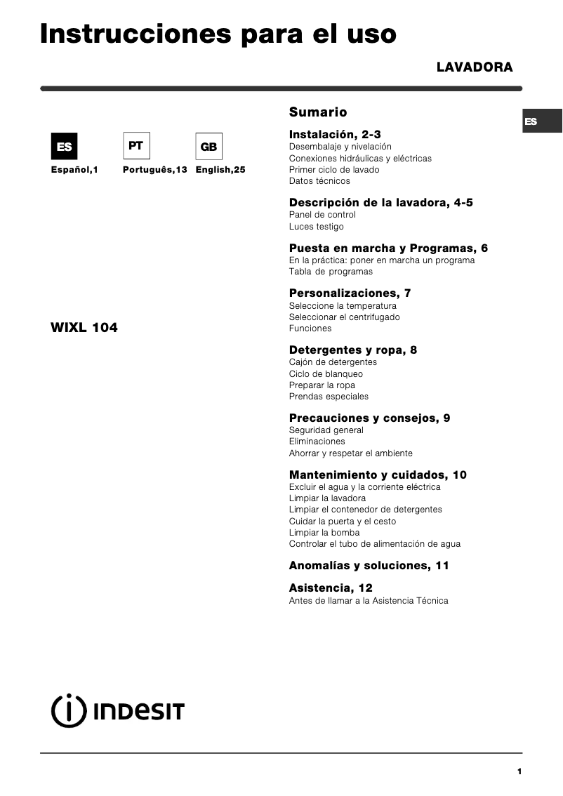 Page n°1 - Manuel utilisateur Indesit WIXL 104 (EU) (TEV)