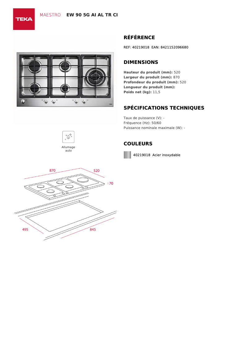 Page n°1 - Fiche technique Teka EW 90 5G AI AL TR CI