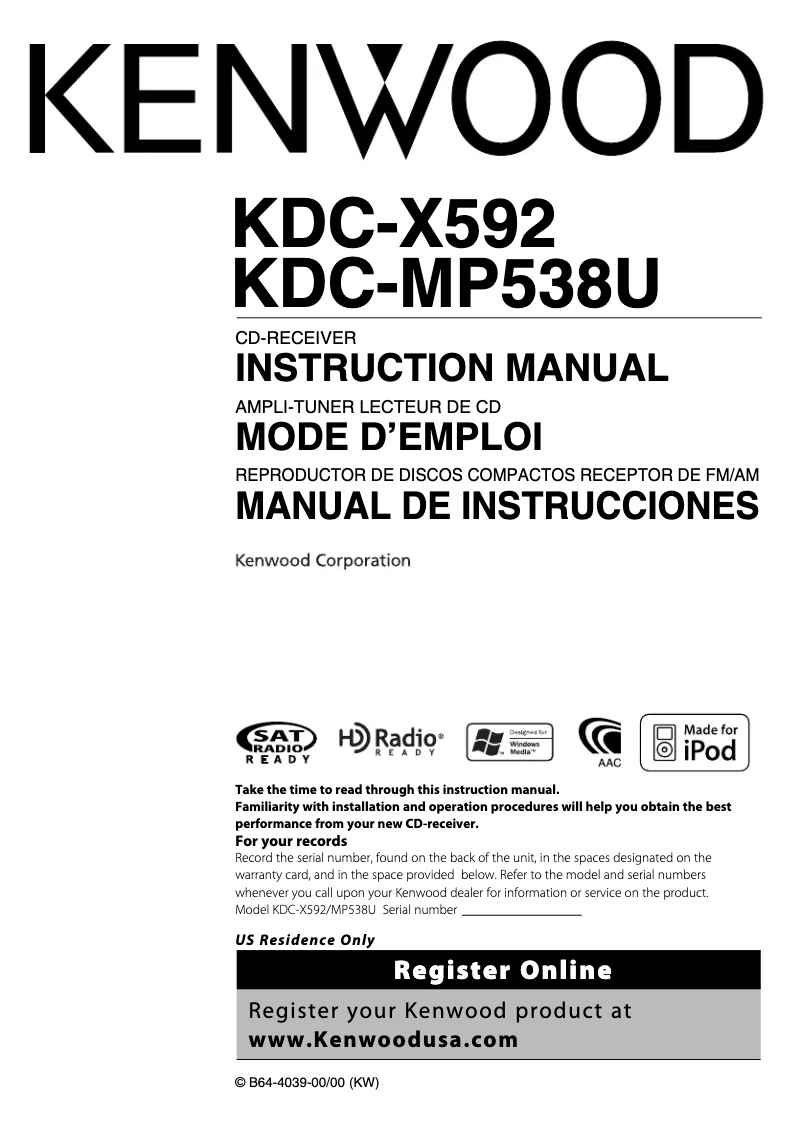 Page 1 de la notice Manuel utilisateur Kenwood KDC-X592