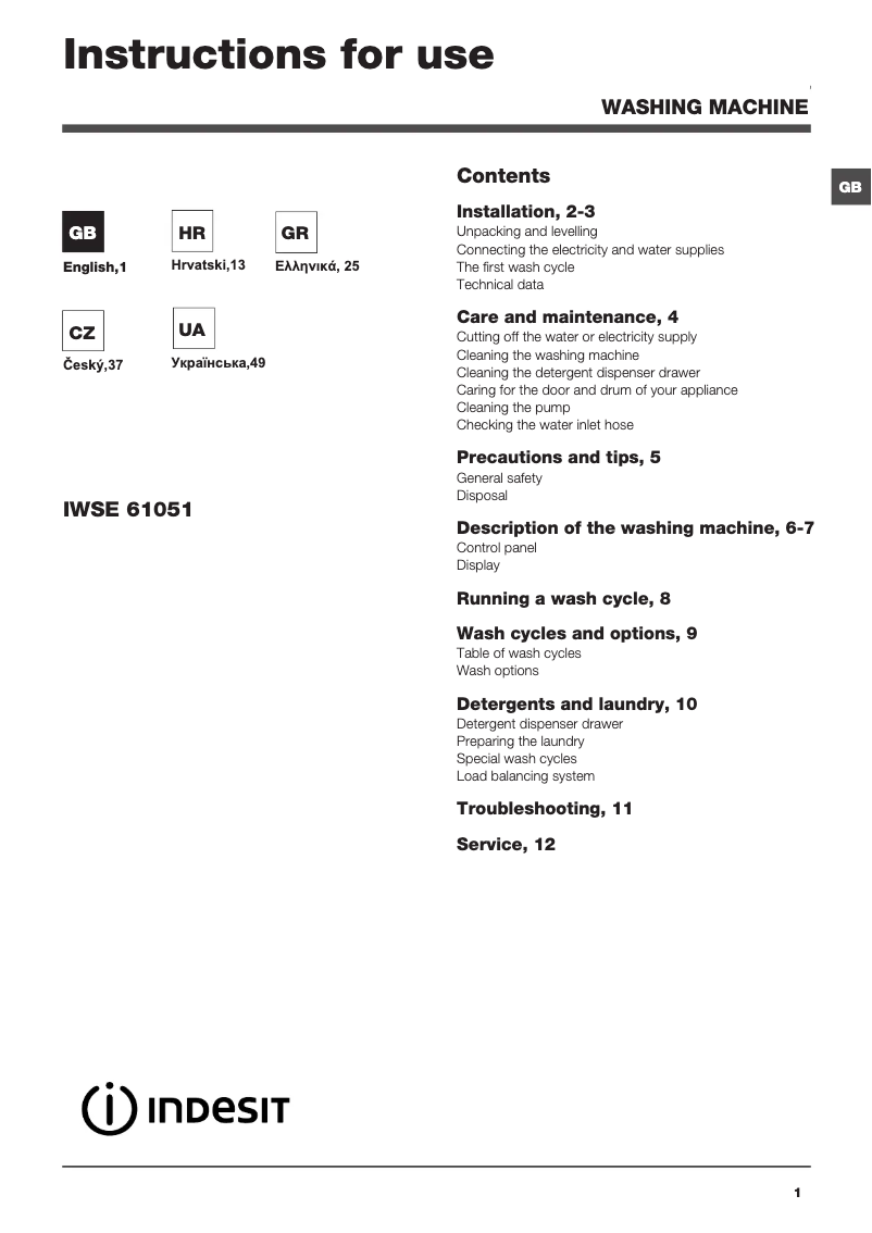 Page 1 de la notice Manuel utilisateur Indesit IWSE 61051 C ECO EU
