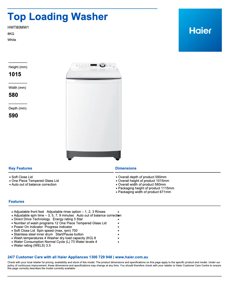 Page 1 de la notice Manuel utilisateur Haier HWT80MW1