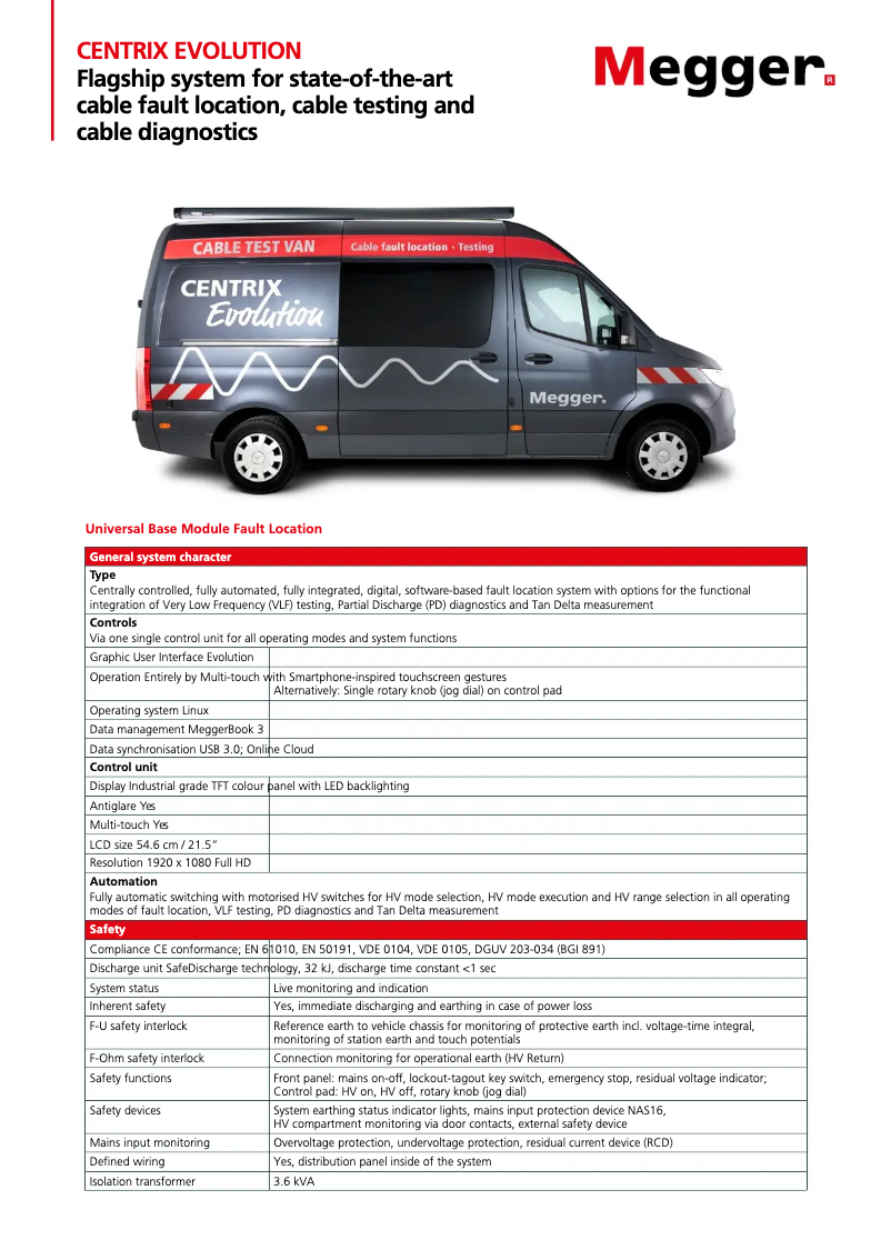 Page 1 de la notice Fiche technique Megger Centrix Evolution