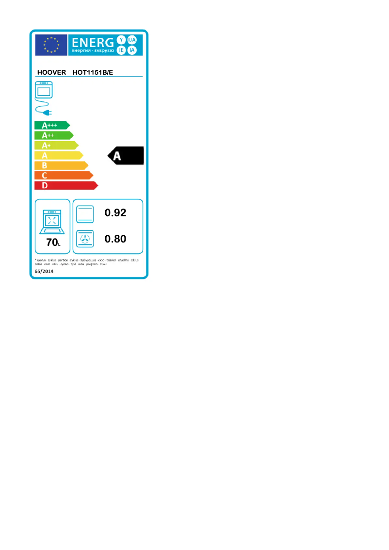 Page n°1 - Label énergétique Hoover HOT1151B/E