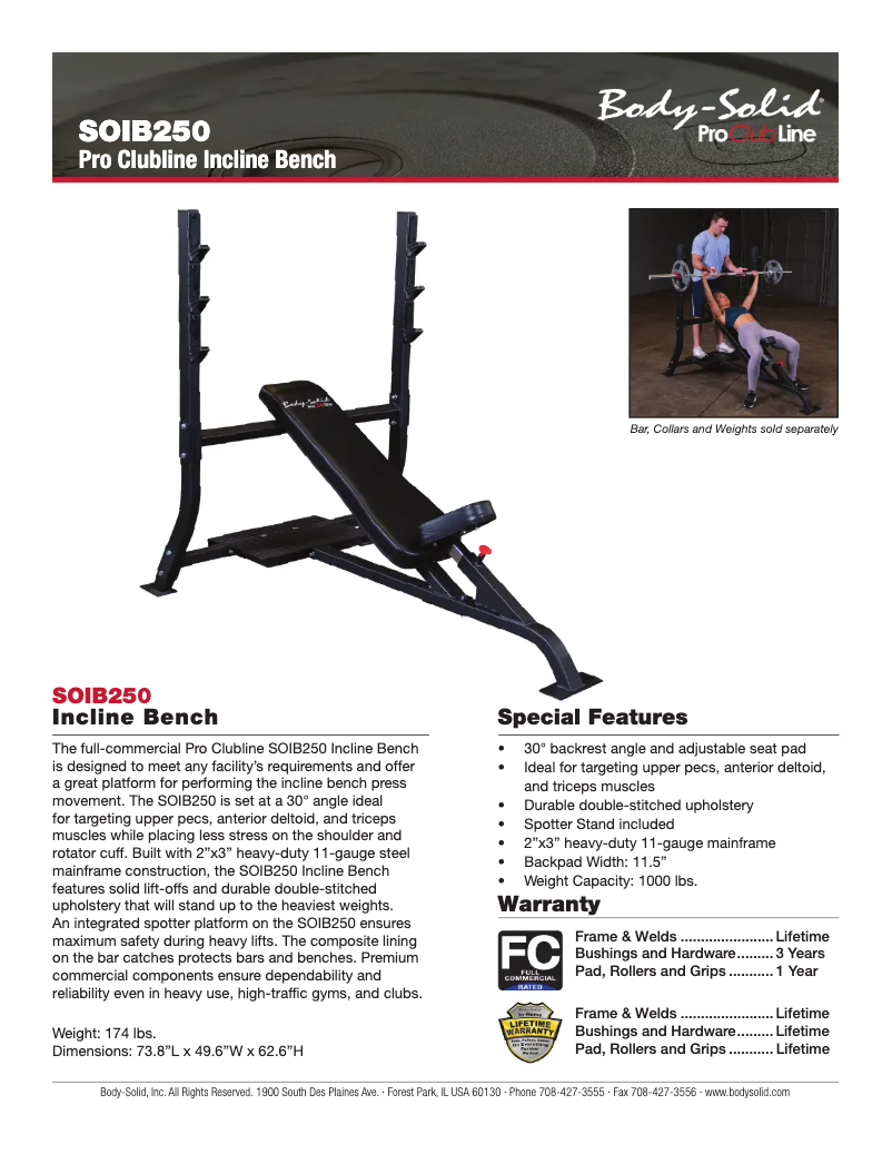 Page 1 de la notice Fiche technique Body-Solid SOIB250