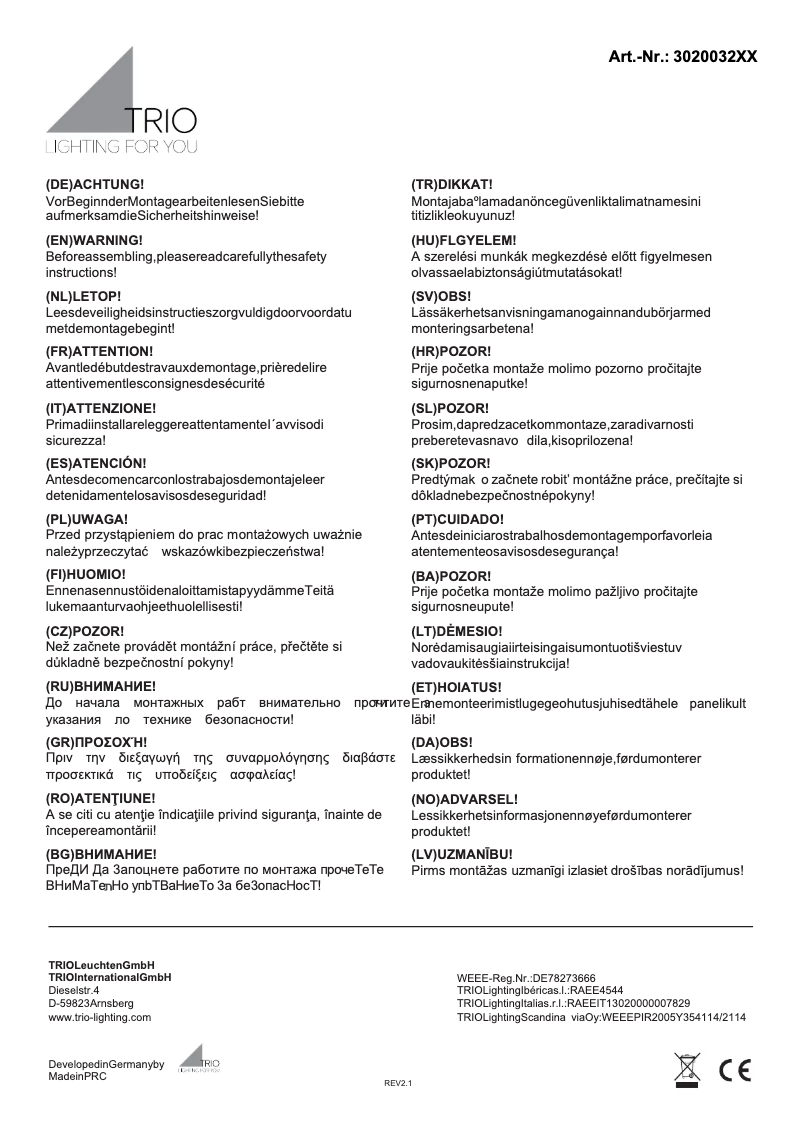 Page 1 de la notice Manuel utilisateur Trio Lighting Almada 302003213