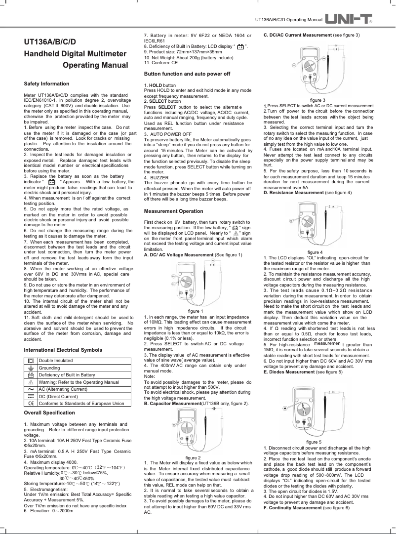 Page 1 de la notice Manuel utilisateur Uni-T UT136D