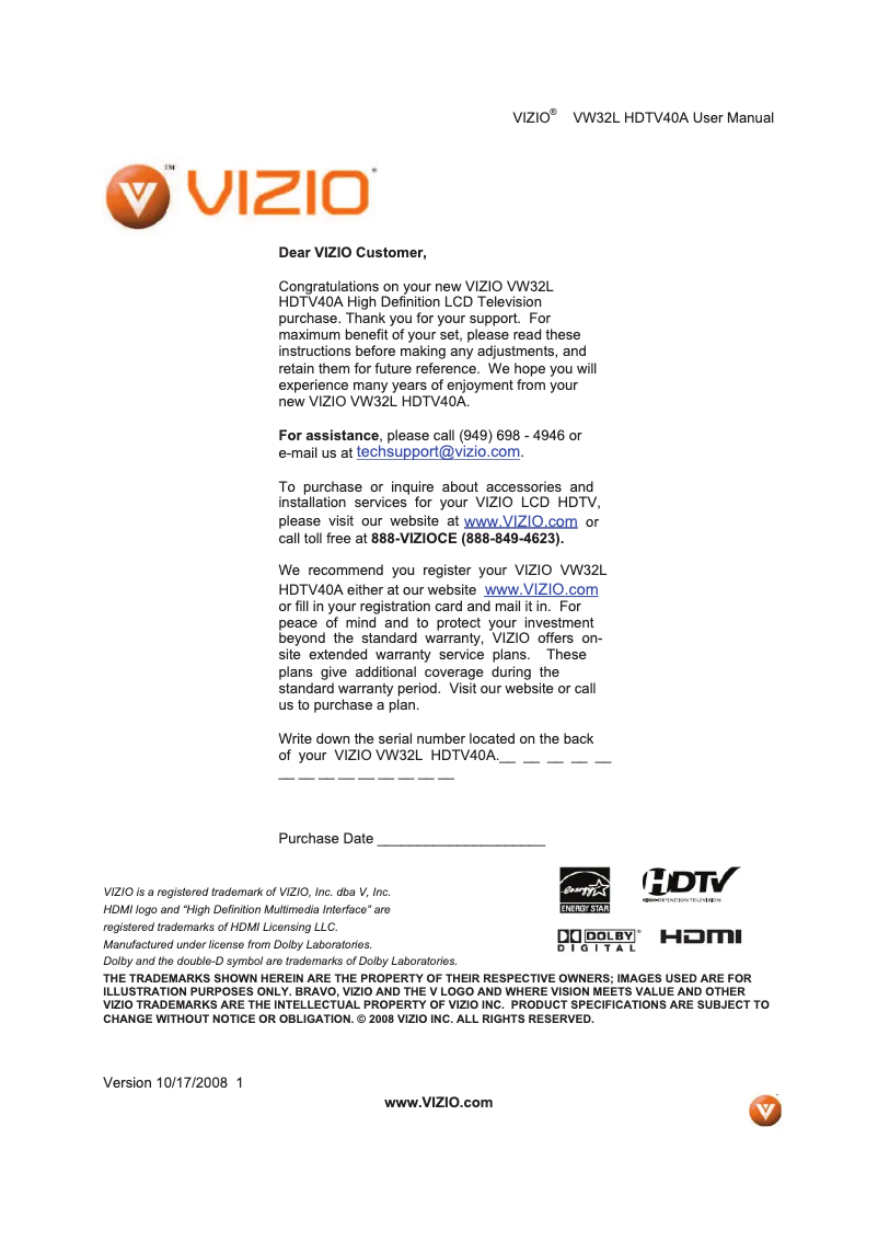 Page 1 de la notice Manuel utilisateur VIZIO VW32LHDTV40A