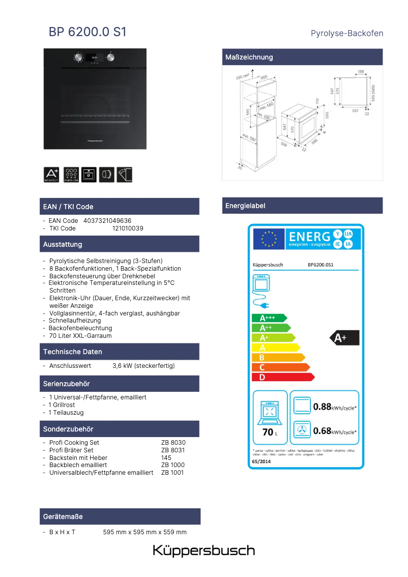 Page 1 de la notice Fiche technique Küppersbusch BP6200.0S1