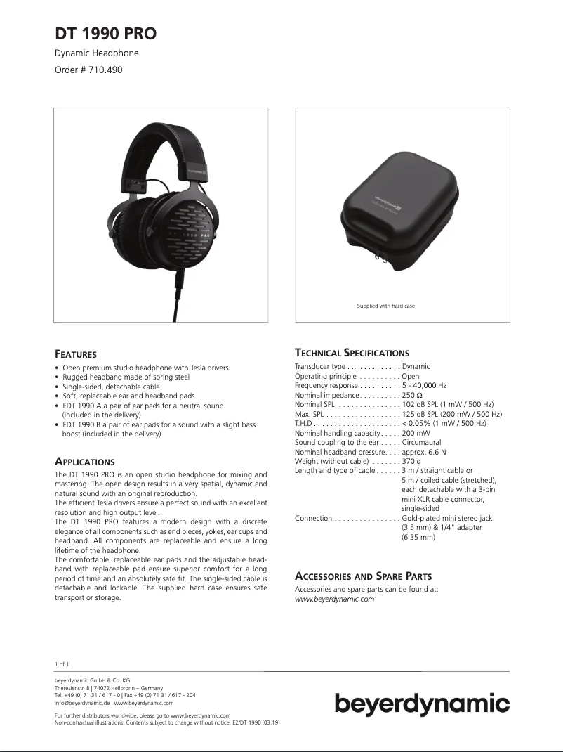 Page n°1 - Fiche technique Beyerdynamic DT 1990 PRO