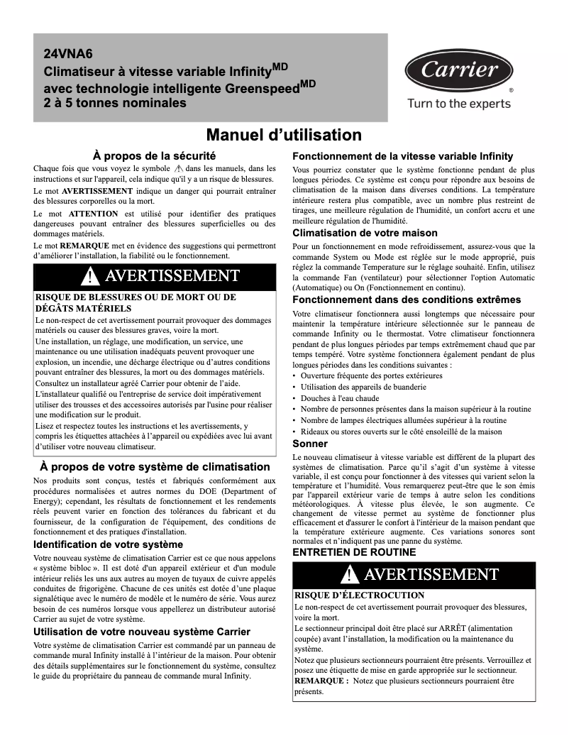 Image de la première page du manuel de l'appareil Infinity 24VNA6