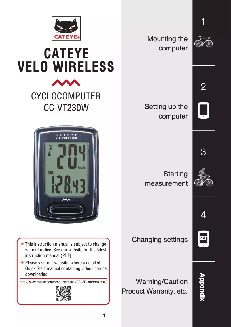 Page 1 de la notice Manuel utilisateur Cateye Velo CC-VT230W