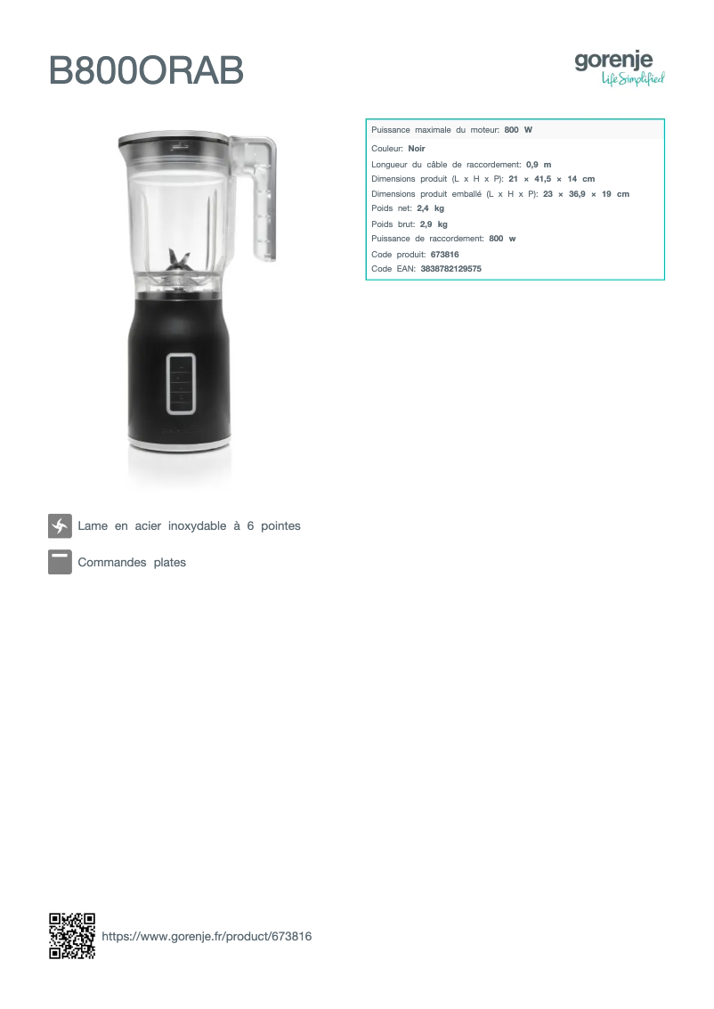 Page 1 de la notice Fiche technique Gorenje B800ORAB