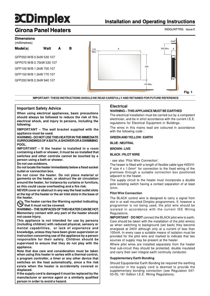 Page 1 de la notice Manuel utilisateur Dimplex GFP075W