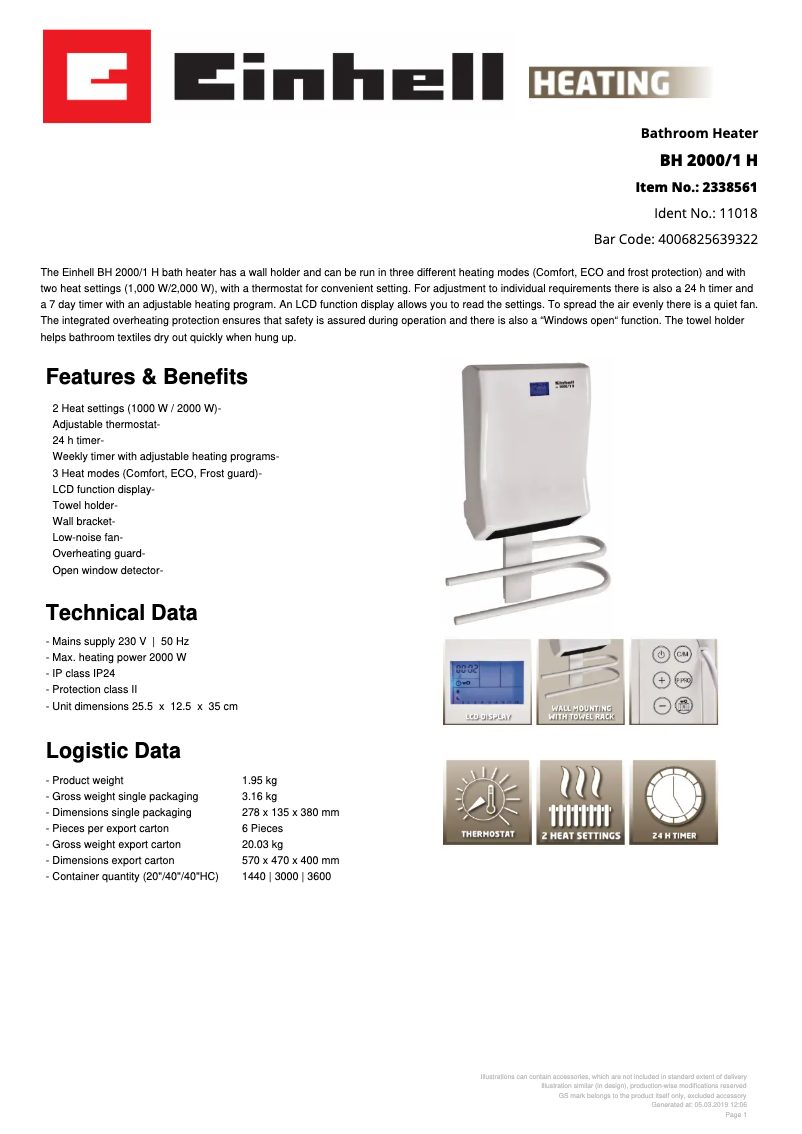 Page n°1 - Fiche technique Einhell BH 2000/1 H