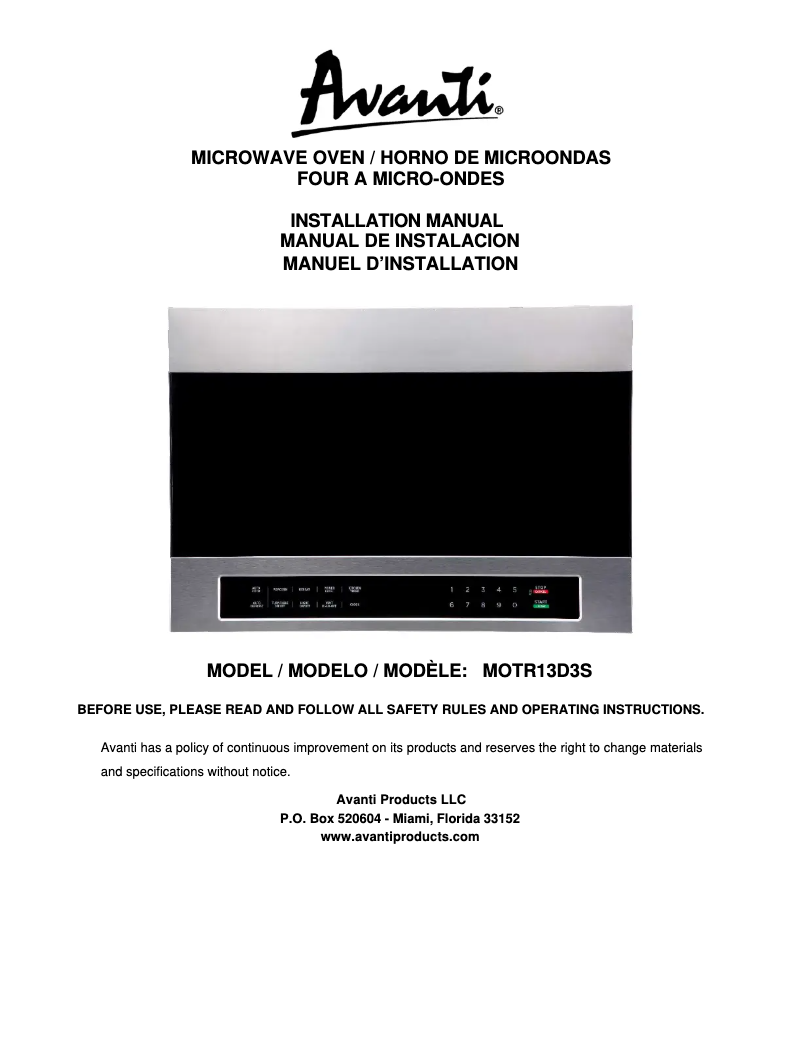 Page n°1 - Guide d'installation Avanti MOTR13D3S