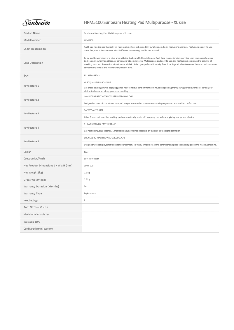 Page n°1 - Fiche technique Sunbeam HPM5100
