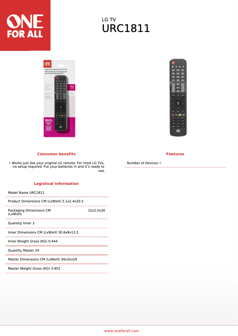 Page 1 de la notice Fiche technique One for all URC 1811