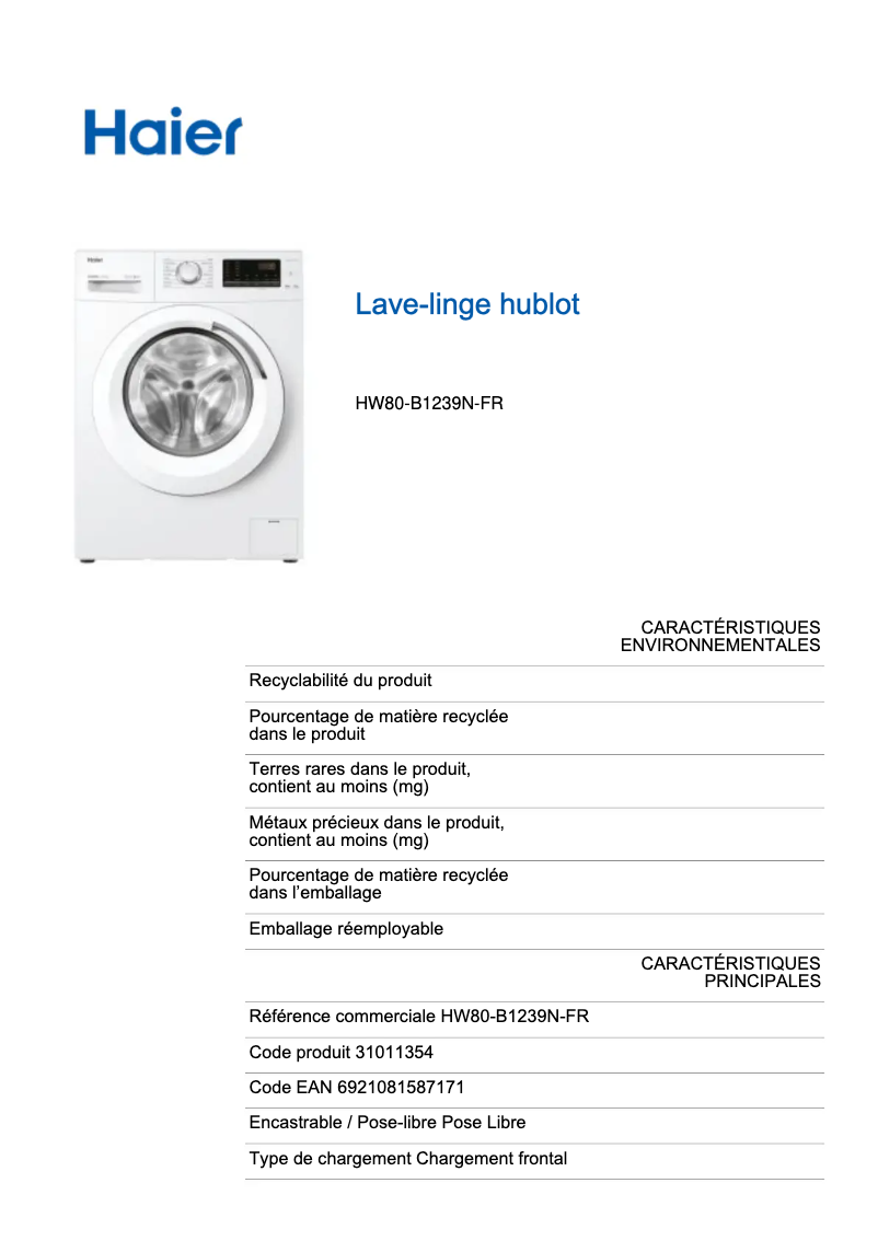 Page 1 de la notice Label énergétique Haier HW80-B1239