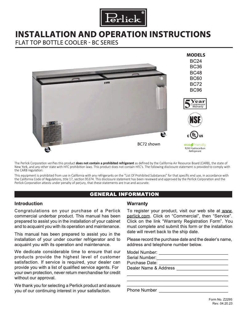 Page 1 de la notice Manuel utilisateur Perlick BC48RT-SS-STK