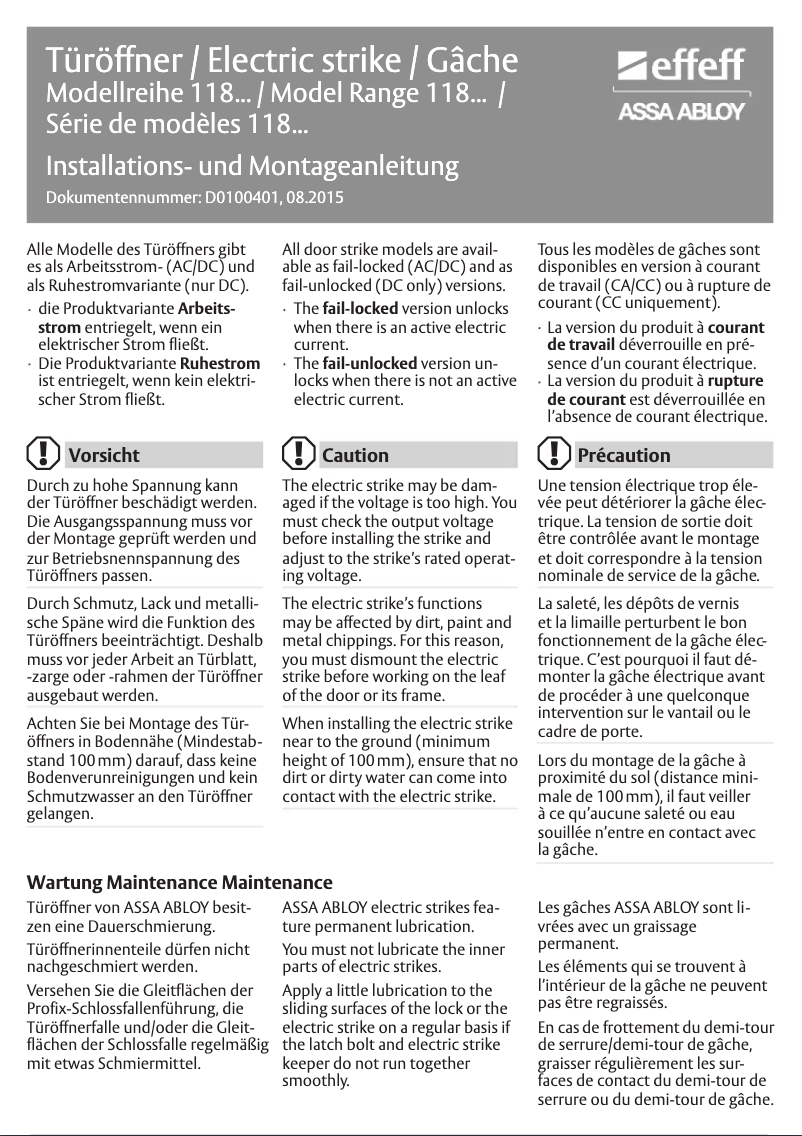 Page n°1 - Manuel utilisateur Assa Abloy 118E