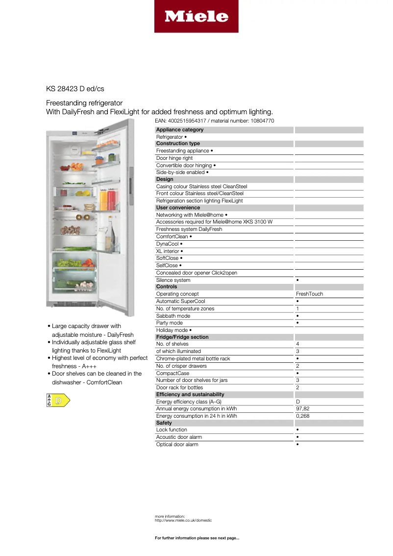 Page n°1 - Fiche technique Miele KS 28423 D ED/CS