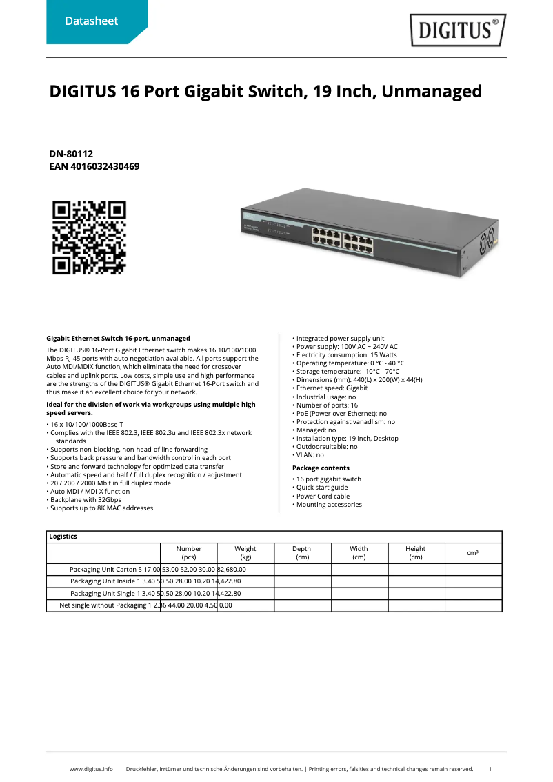 Page n°1 - Fiche technique Digitus DN-80112