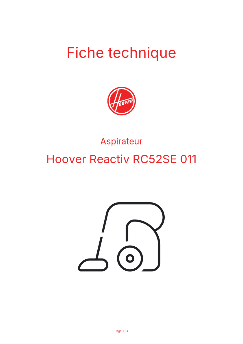 Page n°1 - Fiche technique Hoover Reactiv RC52SE 011