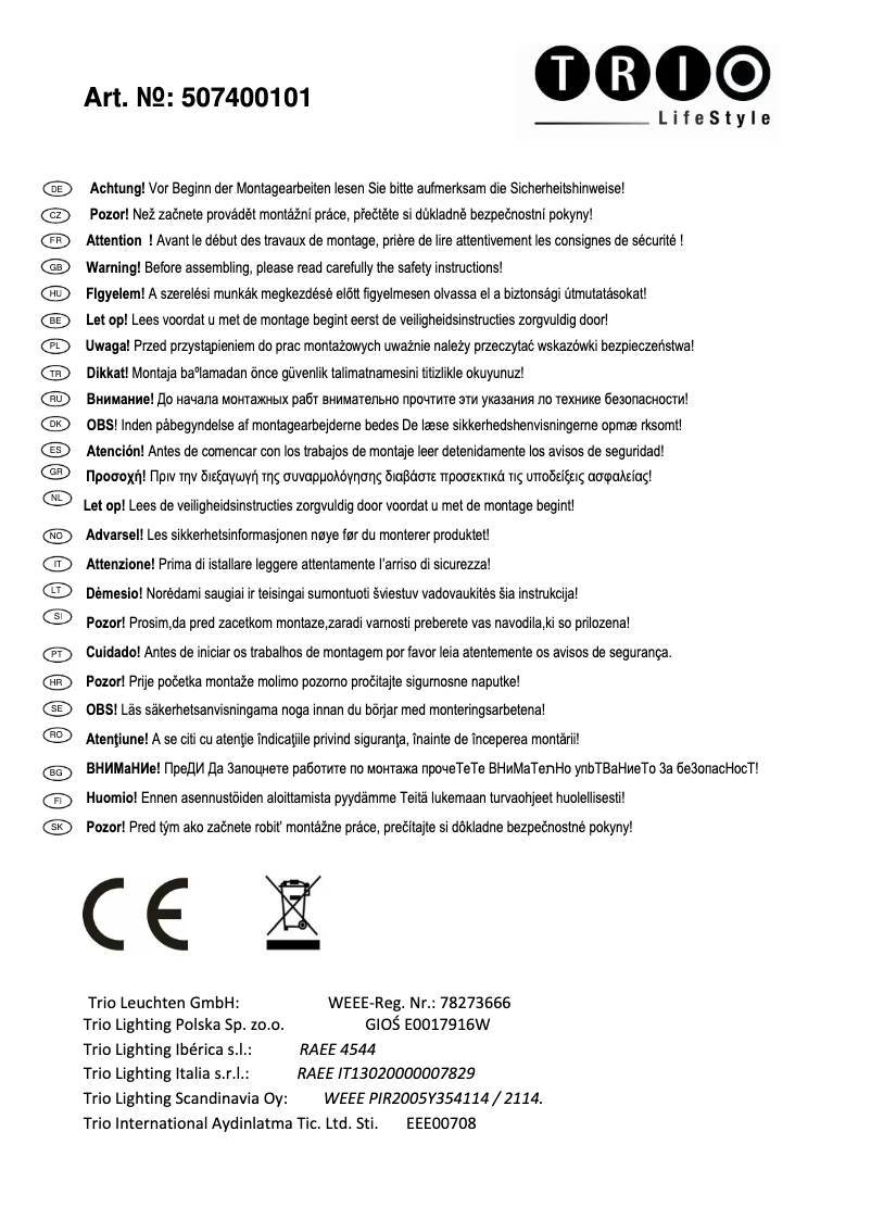 Page 1 de la notice Manuel utilisateur Trio Lighting Gent 507400101