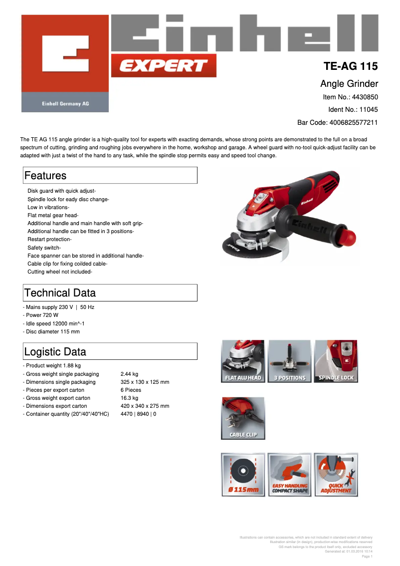 Page 1 de la notice Fiche technique Einhell TE-AG 115