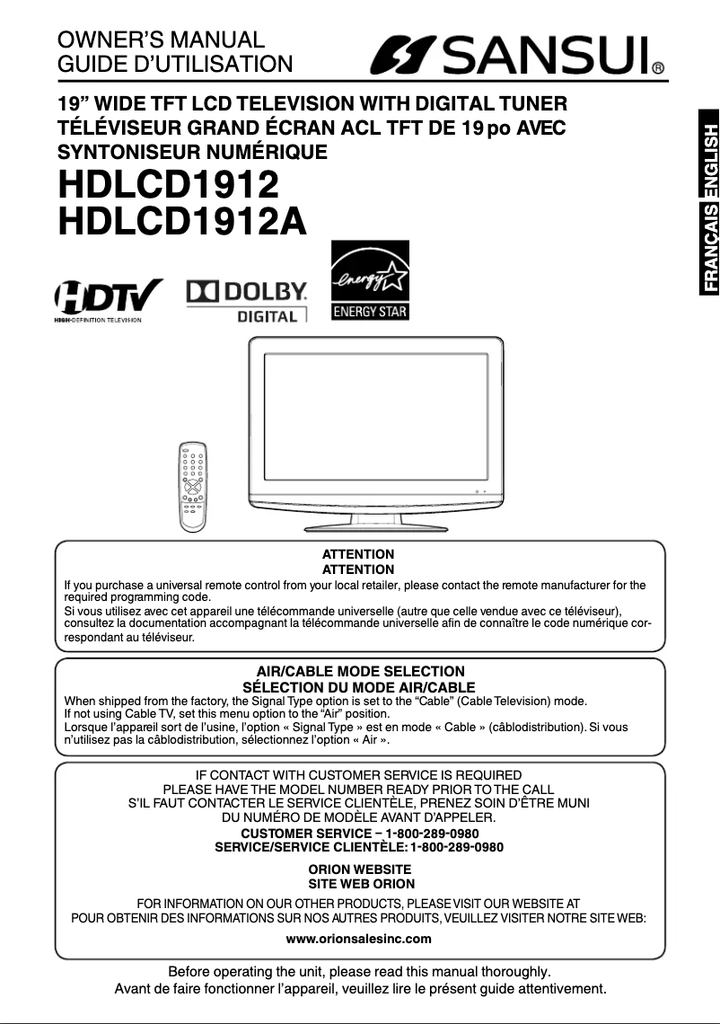 Page 1 de la notice Manuel utilisateur Sansui HDLCD1912