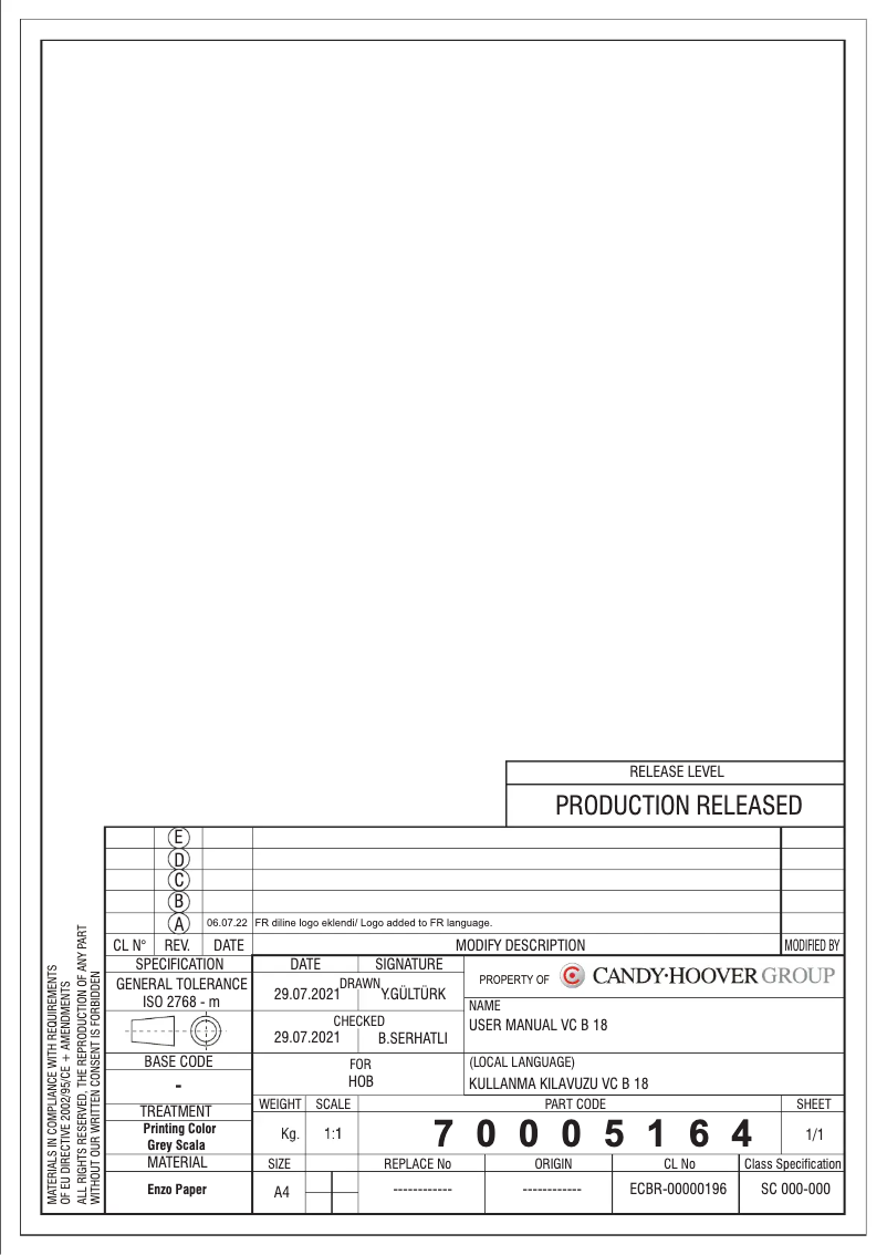 Page 1 de la notice Manuel utilisateur Candy CH74BVT