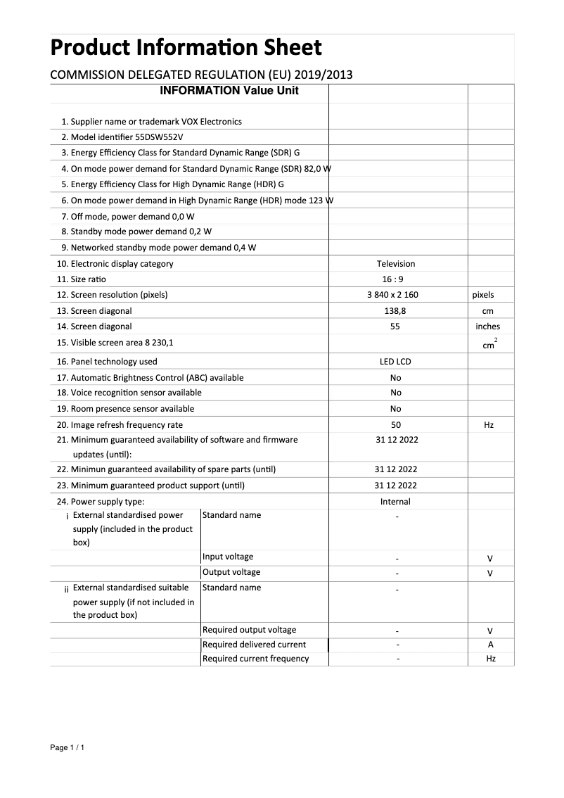 Page 1 de la notice Manuel utilisateur VOX 55DSW552V