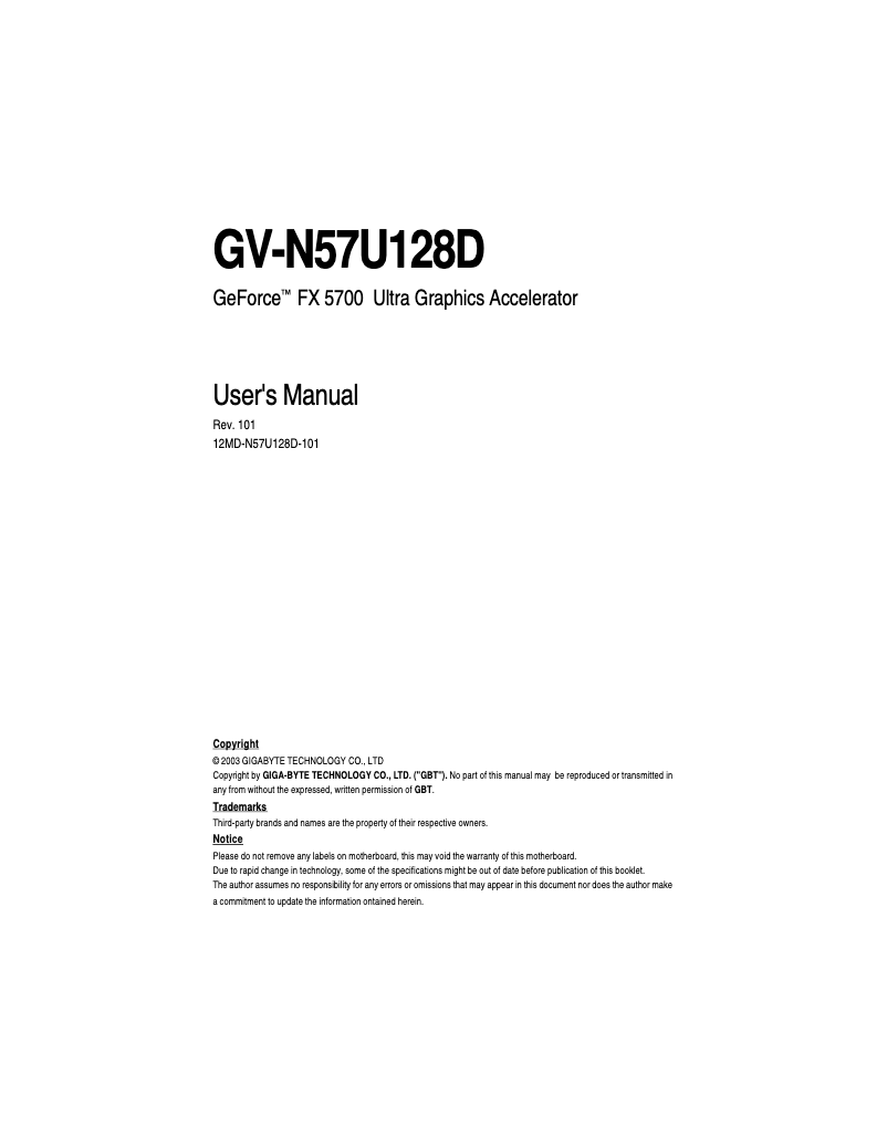 Image de la première page du manuel de l'appareil GeForce FX 5700 Ultra