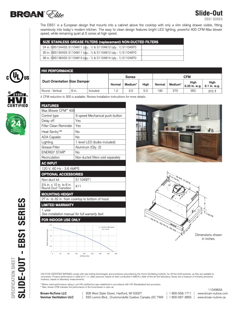 Page 1 de la notice Fiche technique Broan Elite EBS1244SS