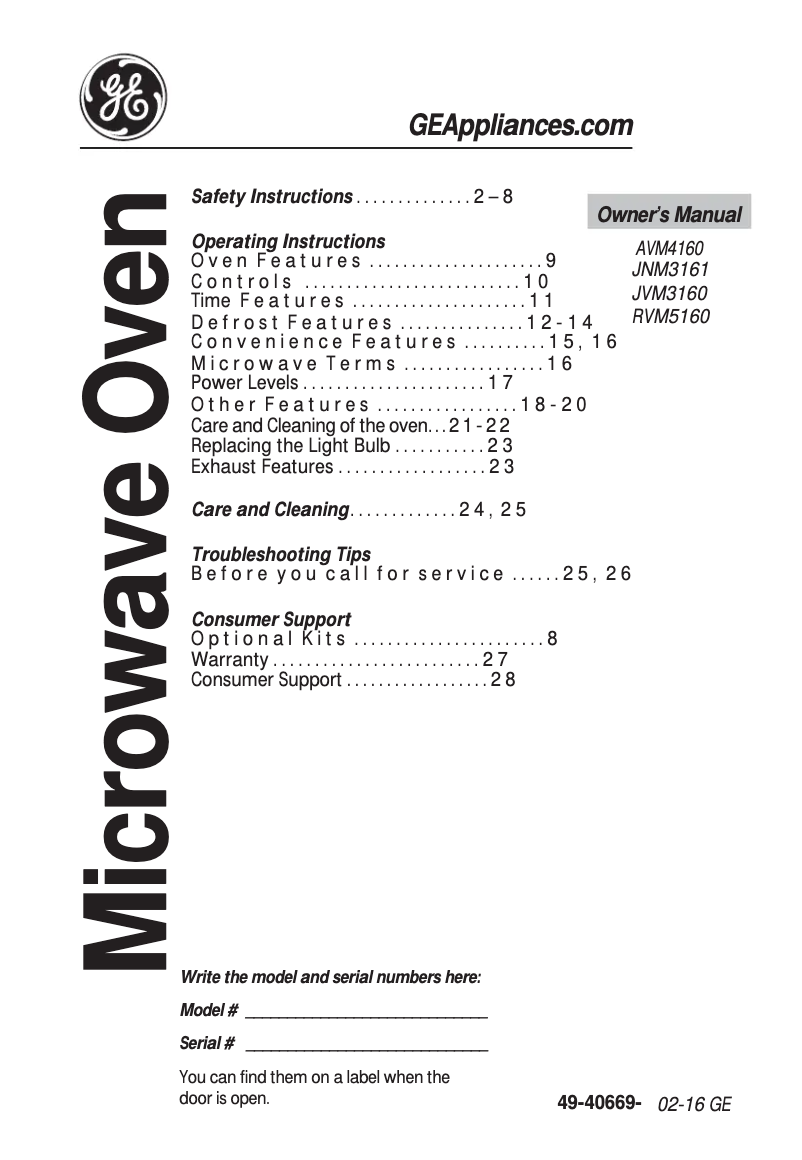 First page image of the manual for JNM3161RFSS
