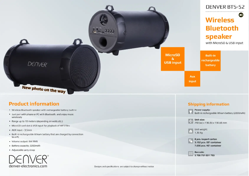 Page 1 de la notice Fiche technique Denver BTS-52