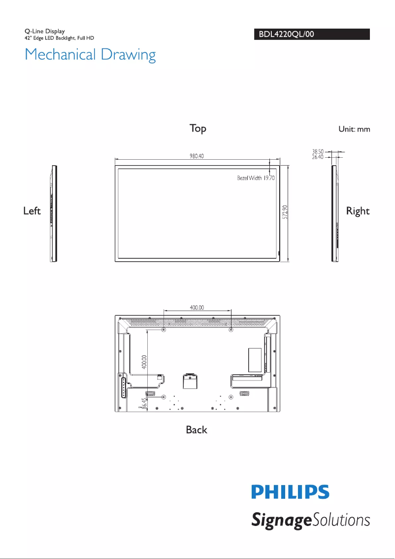 Page 1 de la notice Dessin technique Philips Signage Solutions BDL4220QL
