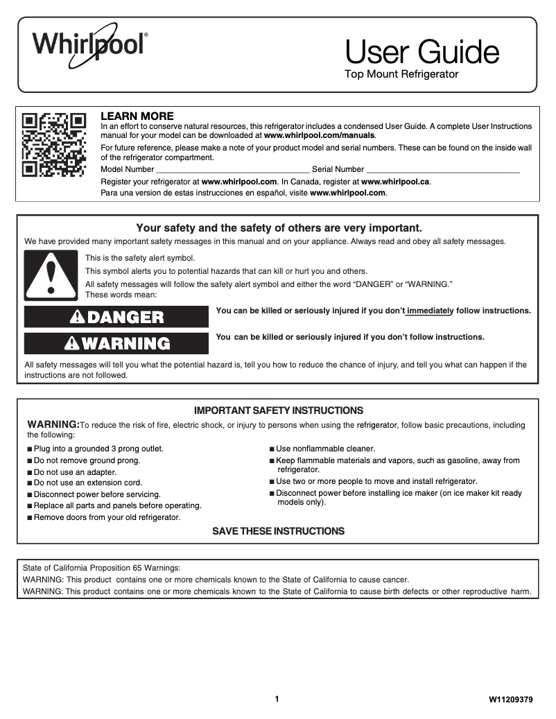 Page 1 of the manual User Manual Whirlpool WRT106TFDW