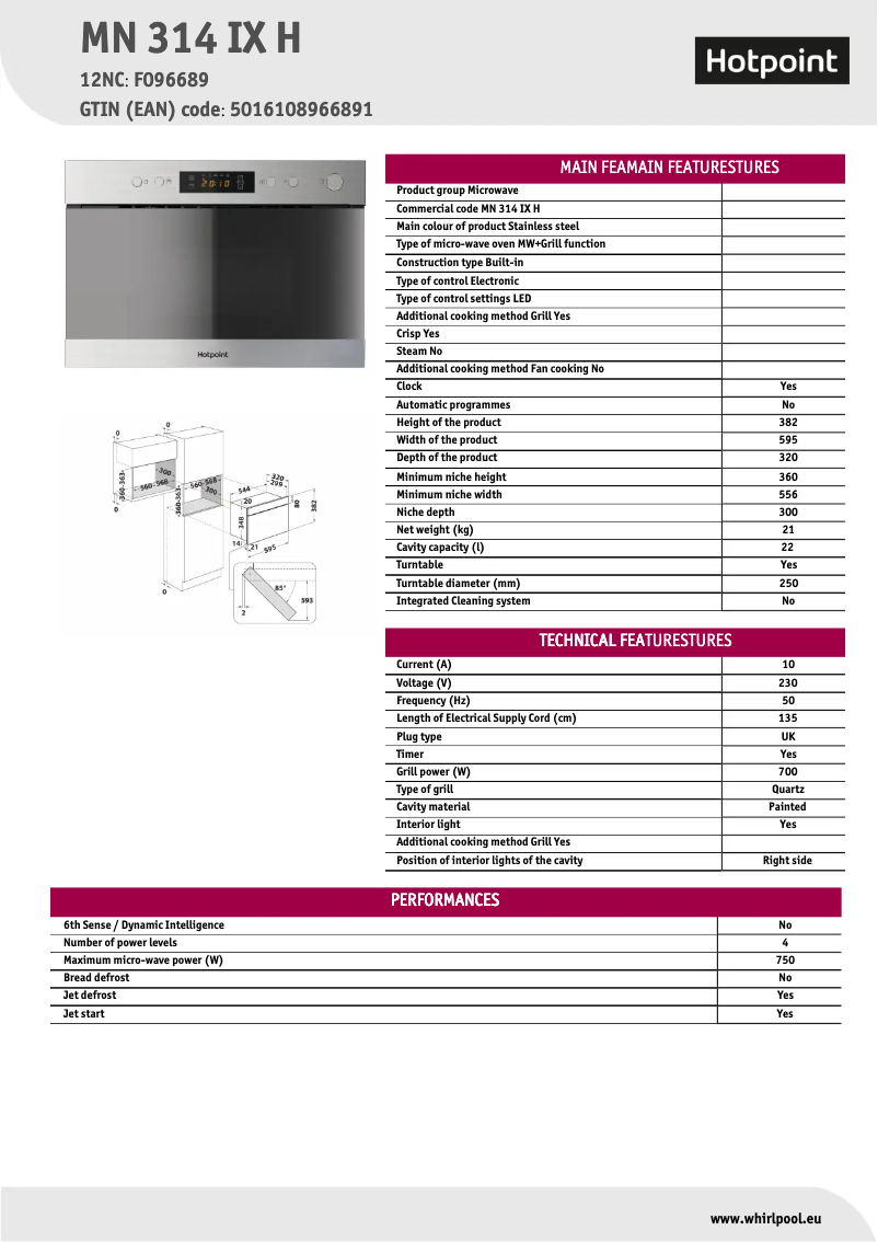 Page 1 de la notice Fiche technique Hotpoint MN 314 IX H