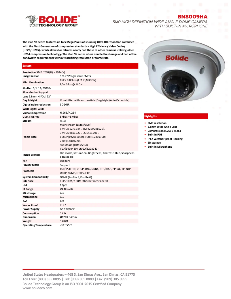 Page 1 de la notice Manuel utilisateur Bolide BN8009HA/NDAA