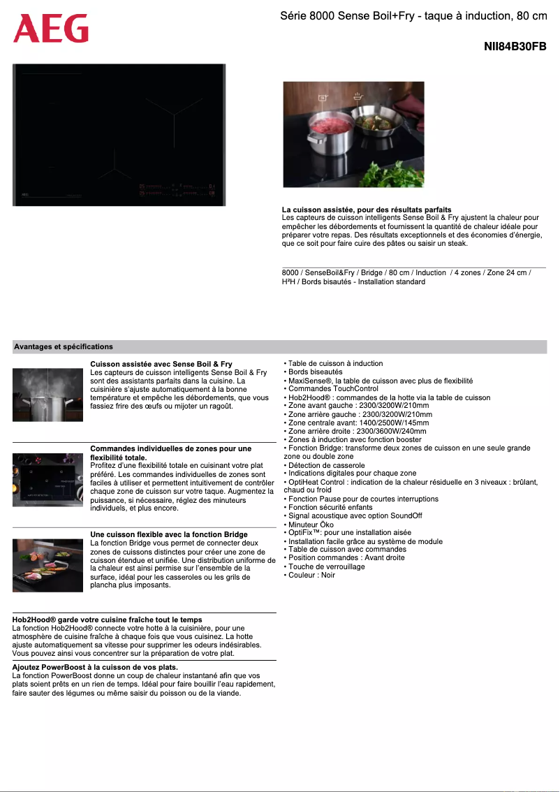 Page 1 de la notice Fiche technique AEG NII84B30FB