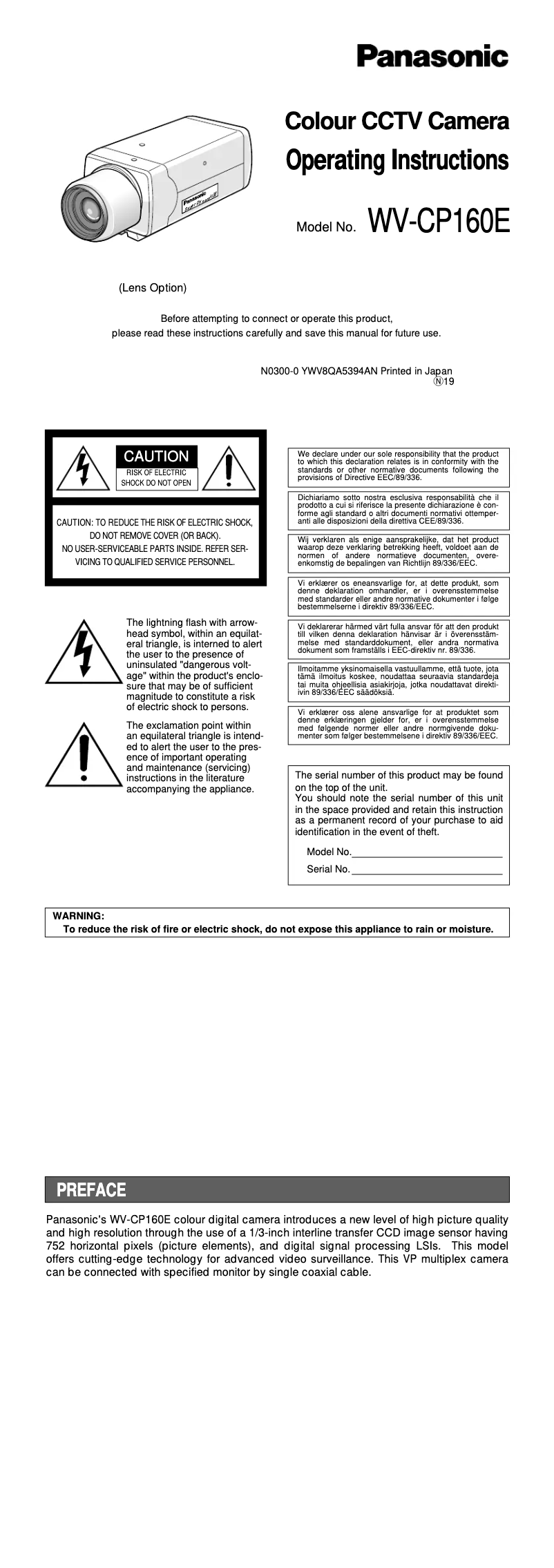Page n°1 - Manuel utilisateur Panasonic WV-CP160