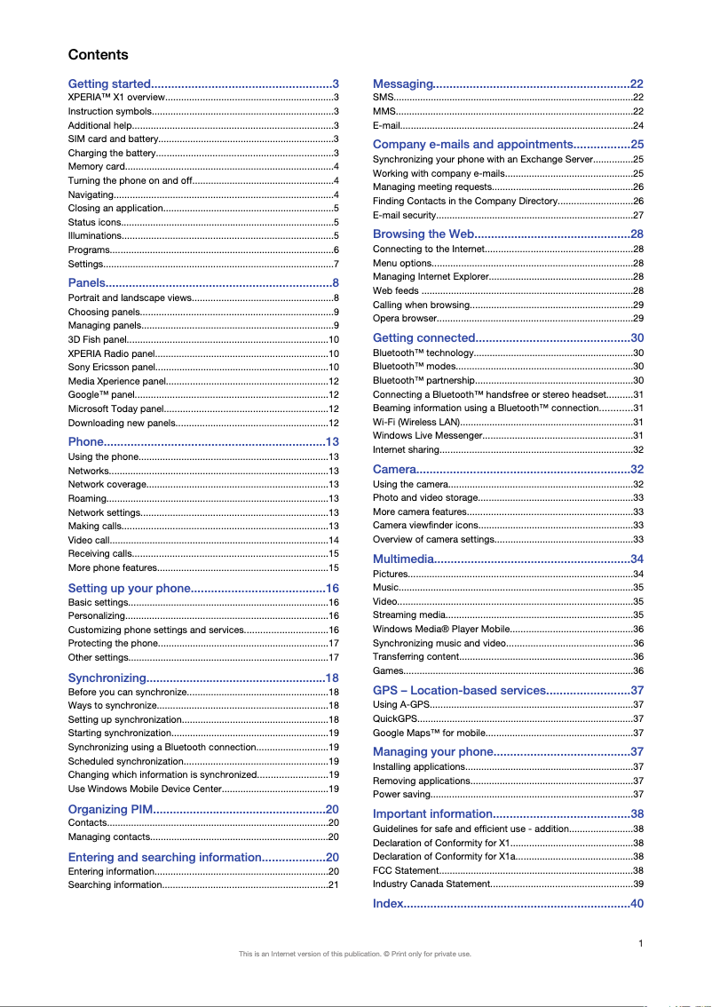 Image de la première page du manuel de l'appareil Xperia X1