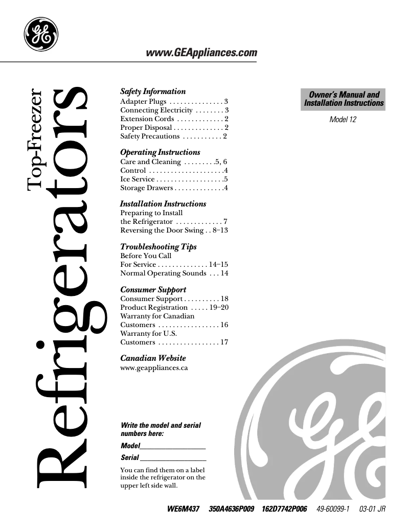 Page n°1 - Guide d'installation GE TBX12SAXRWH