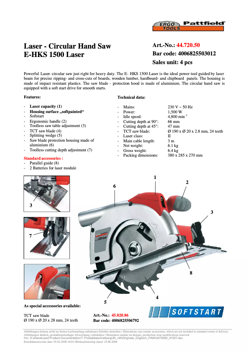 Page n°1 - Fiche technique Ergotools Pattfield E-HKS 1500-Laser