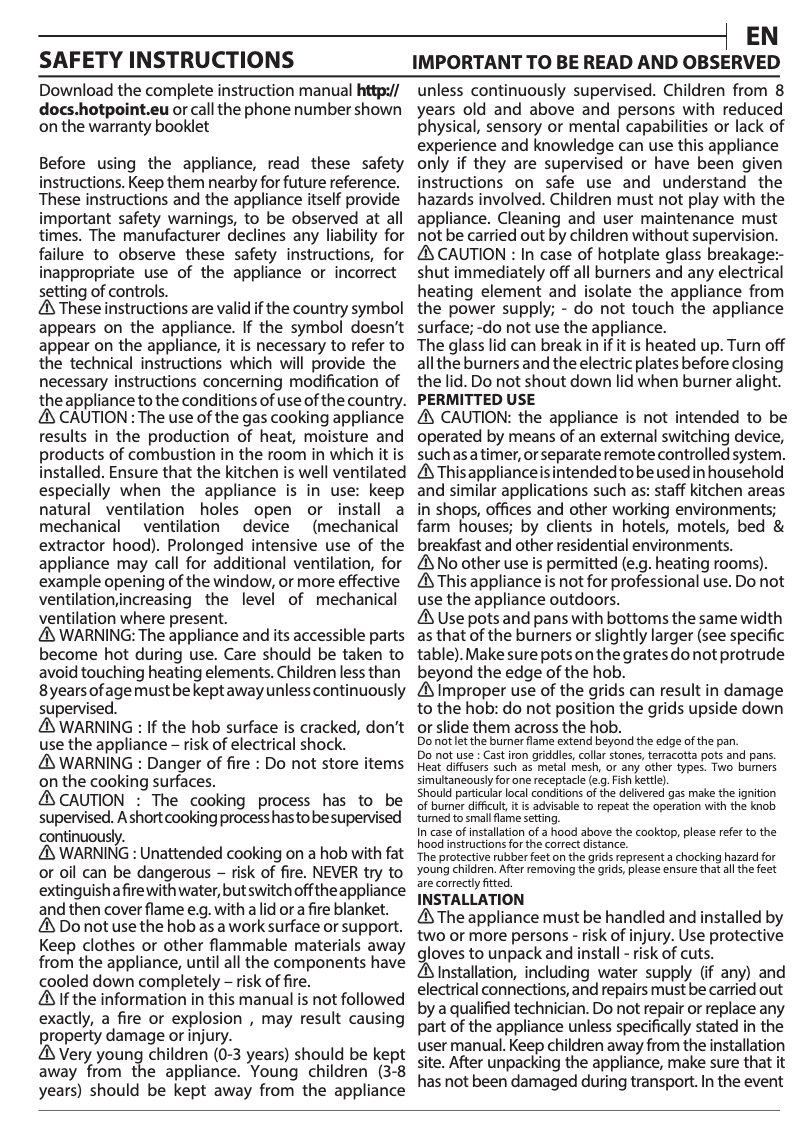Page 1 de la notice Manuel utilisateur Hotpoint M 64 T GH IX
