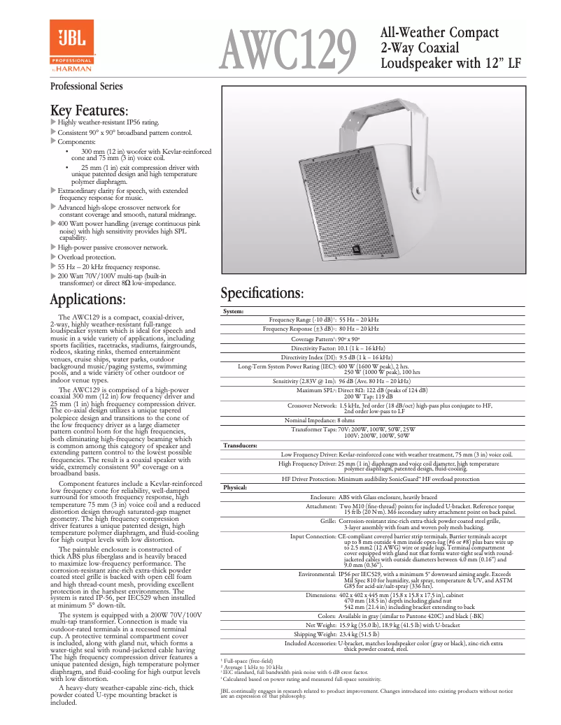 Page 1 de la notice Manuel utilisateur JBL AWC129